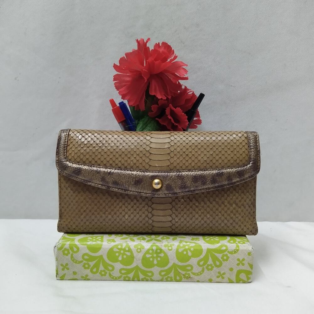 Brahmin Brown Leather Snakeskin Embossed Credit Card ID Window Checkbook Wallet